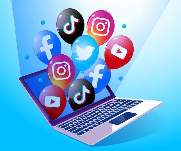 Balloon with social media logo icon out of the laptop Premium Vector